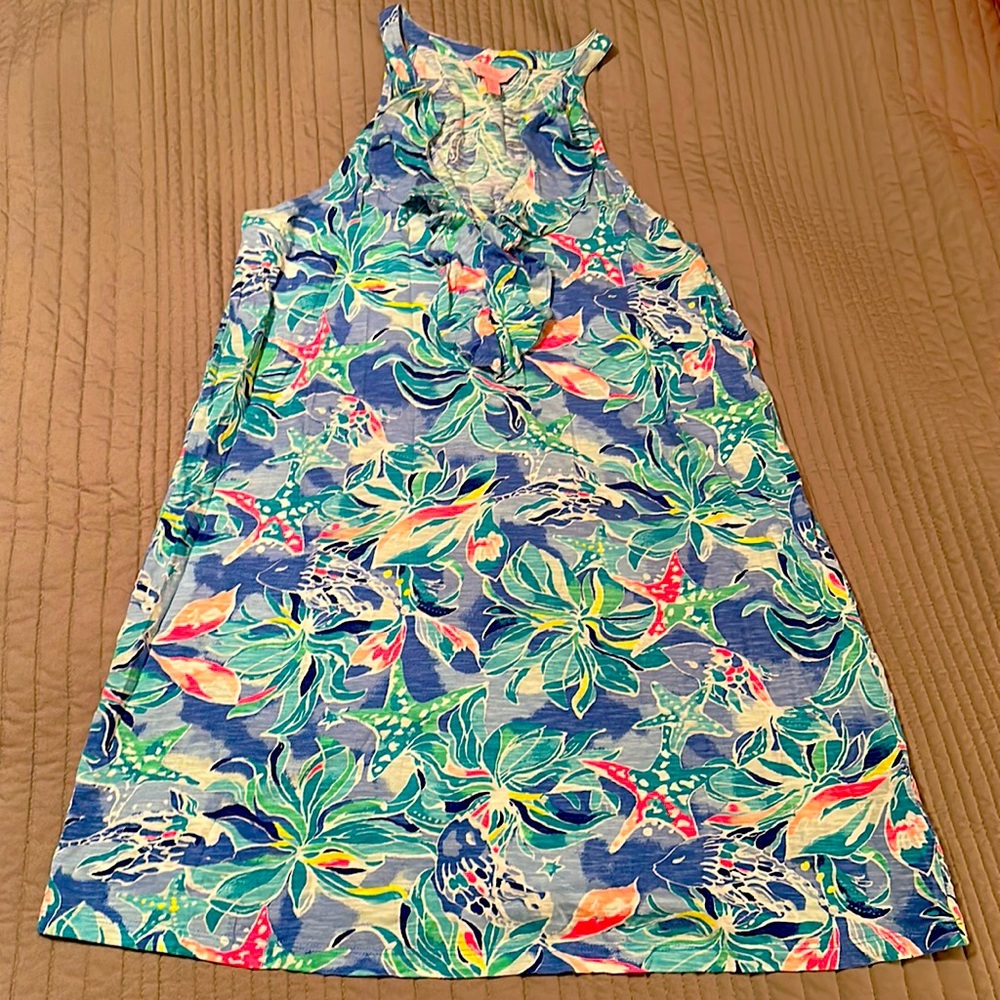 EUC Lilly Pulitzer SHAY DRESS Bennet Blue Celestial Seas Pink White XL